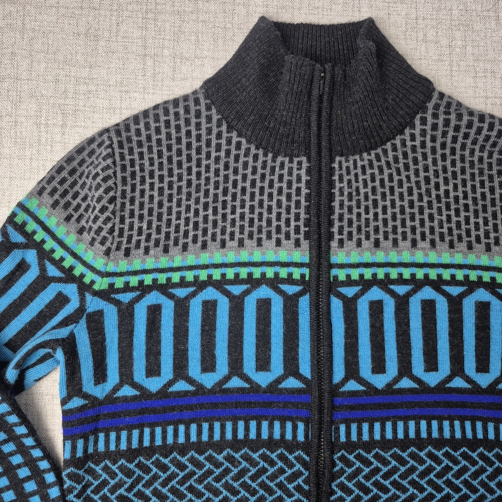 Krimson Klover 100% Merino Wool Full Zip Sweater Nordic Geometric Blue M - Picture 2 of 12